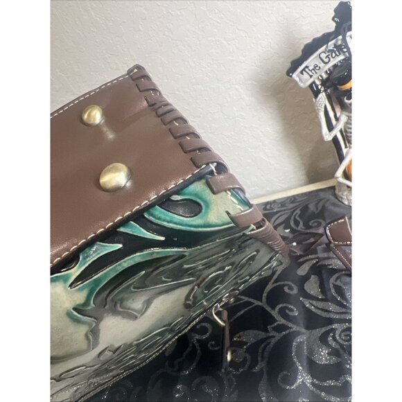 Madi Claire MC Genuine Leather Green Ivy Embossed Shoulder Bag Tassel EUC - Picture 9 of 12